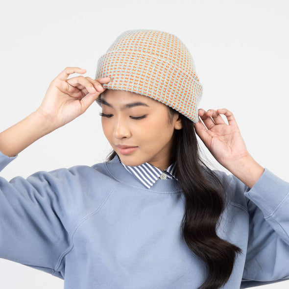 Grid Knit Beanie: Stone Blue