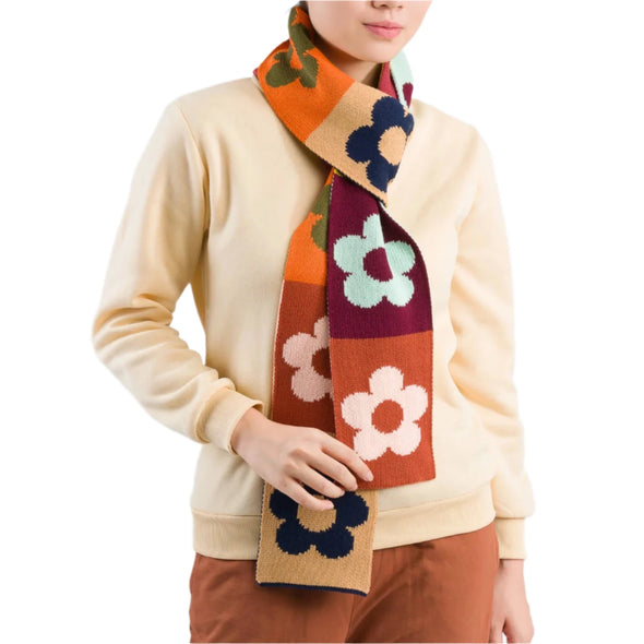 Flower Block Skinny Knit Scarf: Desert