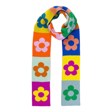 Flower Block Skinny Knit Scarf: Rainbow