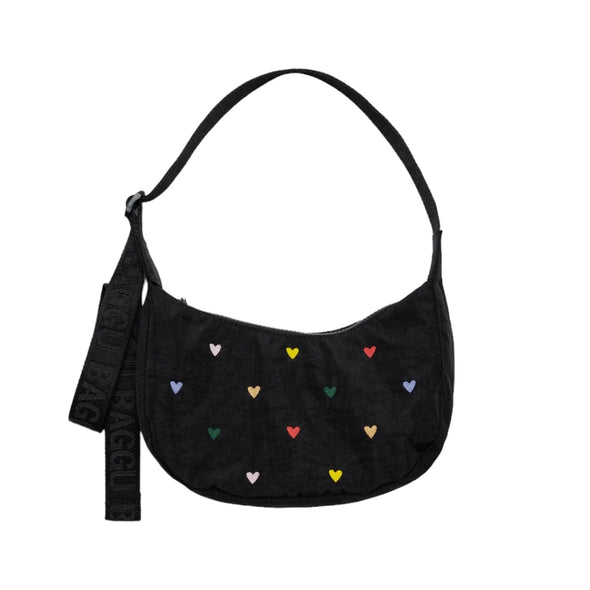 Small Crescent Bag: Embroidered Hearts