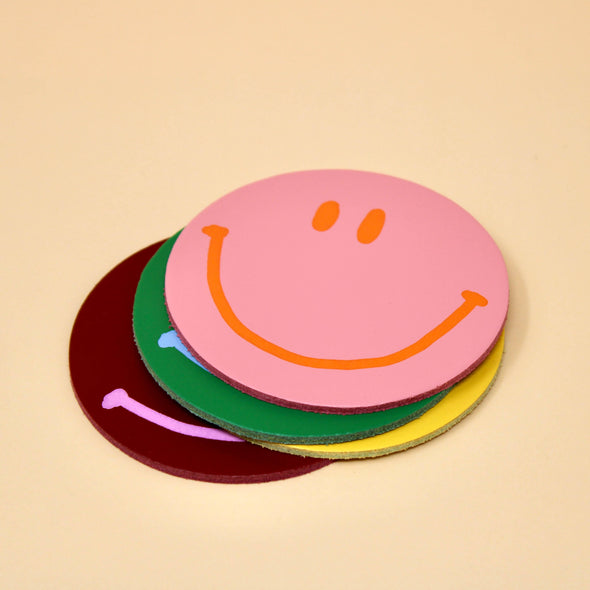 Coasters set of 4: Happy Face Smiley Leather