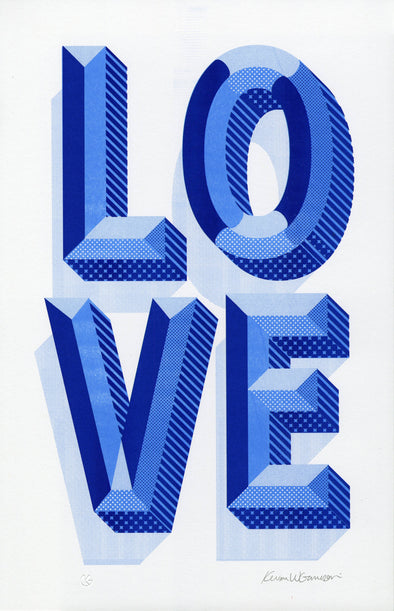 Blue 'LOVE' text with geometric patterns on a white background
