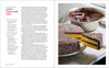 Page from a cookbook showing a yellow buttermilk cake with a slice cut out, next to a bowl of chocolate sauce.