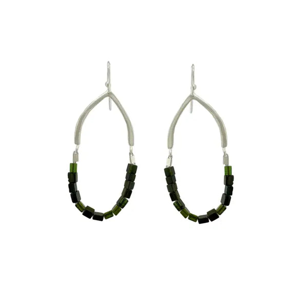 Earrings: Silver Open Leaf with Green Tourmaline