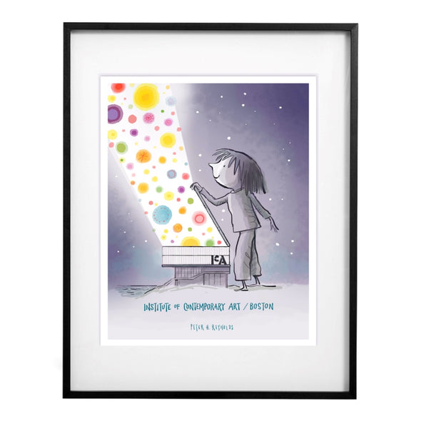 Framed illustration of a person pointing at colorful polka dots on a building, with 'Institute of Contemporary Art Boston' text.