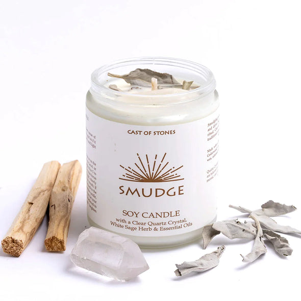 Candle with Clear Quartz Crystal, White Sage, Herb, and Essential Oils