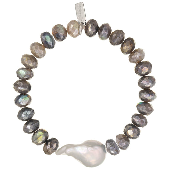 Bracelet: Coated Labradorite + White Baroque Pearl