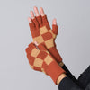 Checkerboard Fingerless Gloves: Rust Camel