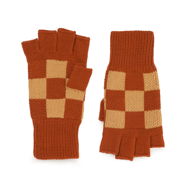 Checkerboard Fingerless Gloves: Rust Camel